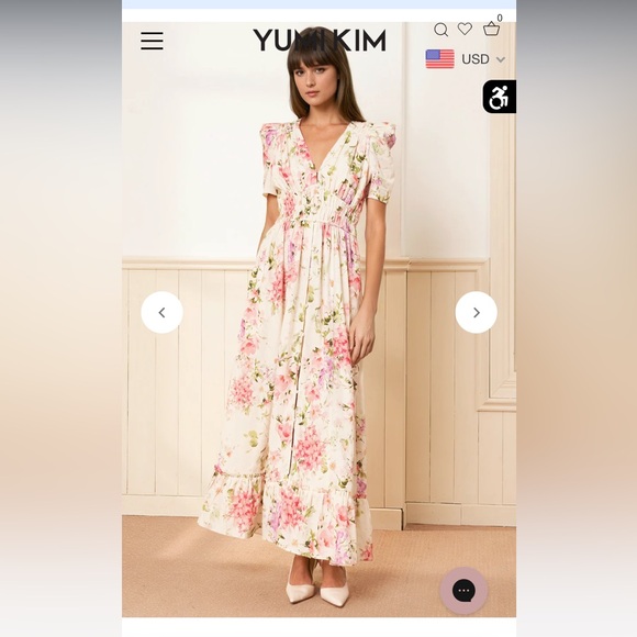 Yumi Kim Pia Dress Pink and Green Wrap Midi with Puff Sleeves - Picture 3 of 4